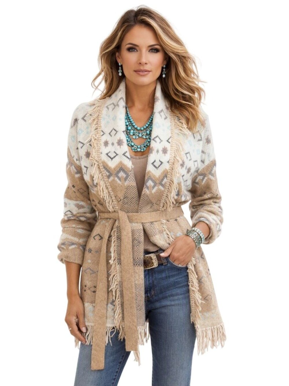 Lucky Brand Womens M Fringe Open Cardigan Sweater Southwestern Beige Aztec Belt